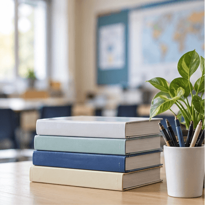 Classroom books and plant on a desk